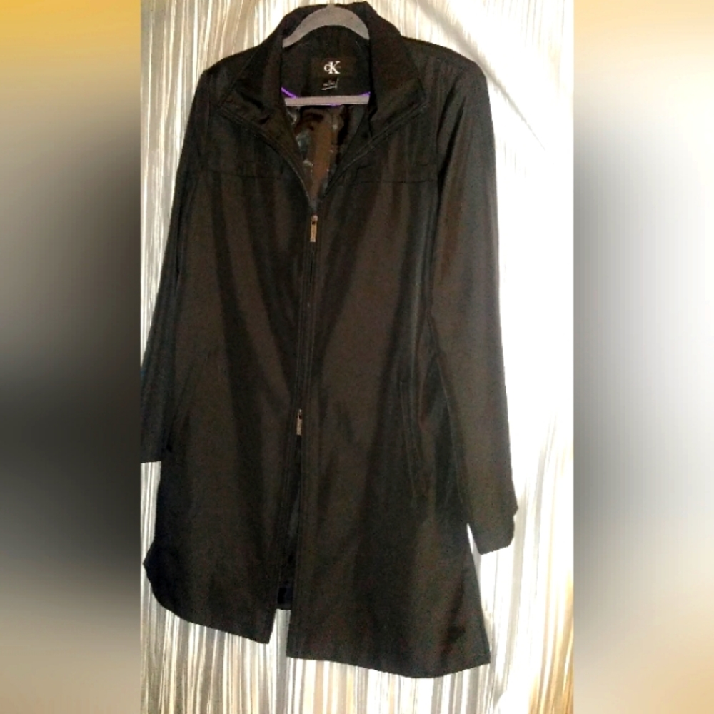 Calvin Klein black 2 way zip dress coat with side slits size large